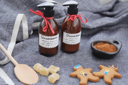Go Native NZ Gingerbread Hand Wash Lotion in pump action bottles with cute handmade labels, ribbons and cookies