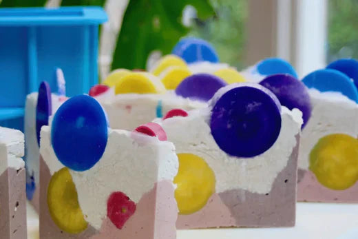 Go Native NZ Recipe Make Your Own Bubblegum Cold-Process Soap Results cut up in slices on bench