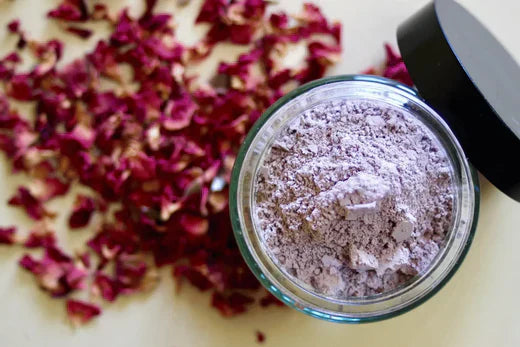 Homemade Purple Rose Face Powder Cleanser, with dried rose petals