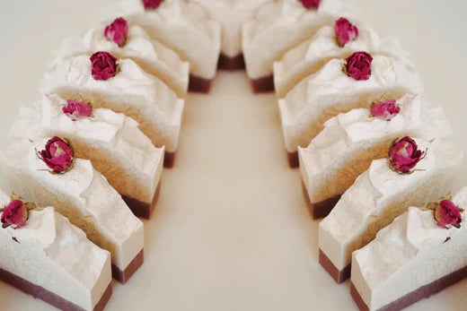 Go Native NZ recipe Shea & Rose Cold Pressed soap loaf in slices showing layers
