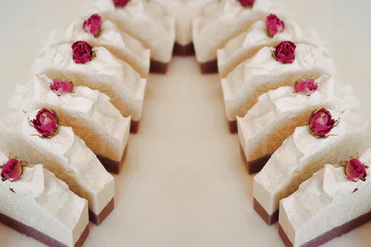 Go Native NZ recipe Shea & Rose Cold Pressed soap loaf in slices showing layers