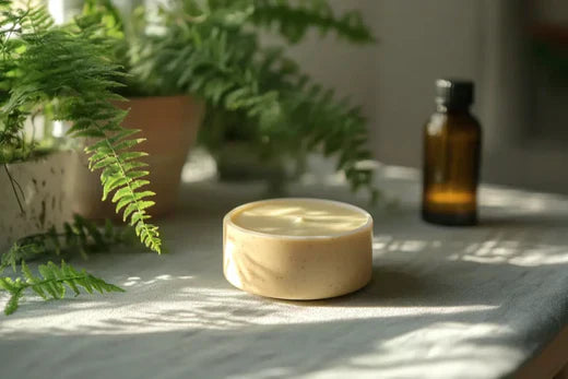Go Native NZ formal Tiger Balm in ceramic dish on table with essential oil and fern potplant