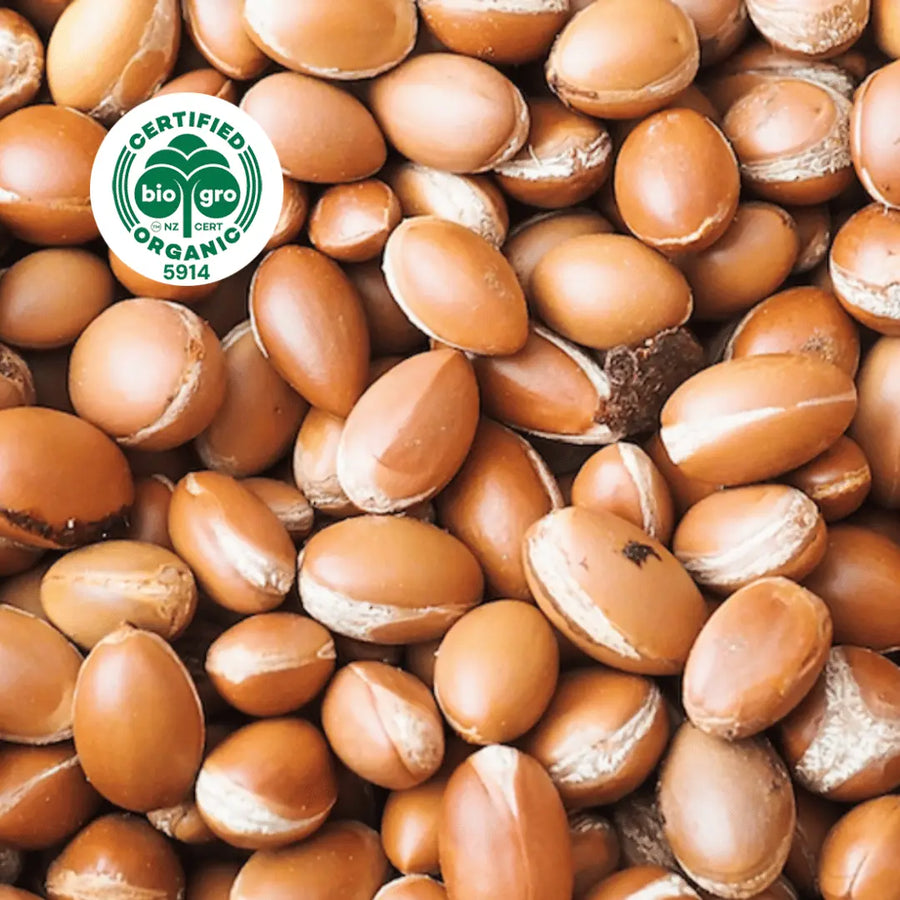 Argan kernel clustered together with bio gro logo in the top left corner to verify Go Native New Zealand's organic certification for organic argan carrier oil