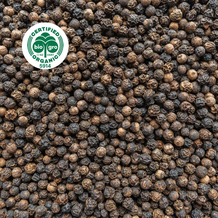 Go Native NZ detail of bulk dried black peppers Essential Oil with Bio Gro Icon verifying Certified Organic status