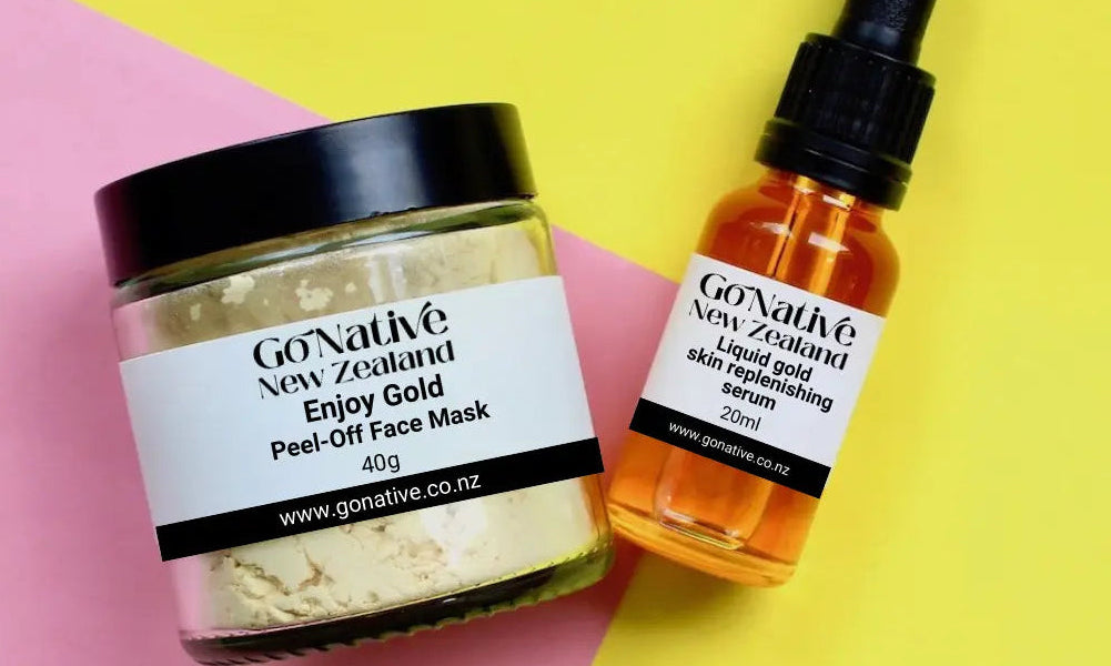 Go Native New Zealand skincare products on a pink and yellow background