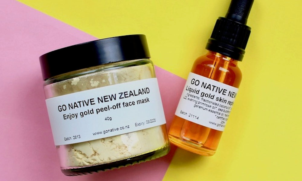 Go Native NZ amber coloured Liquid Gold skin repair - oil blend in bottle and Gold peel off mask in jar