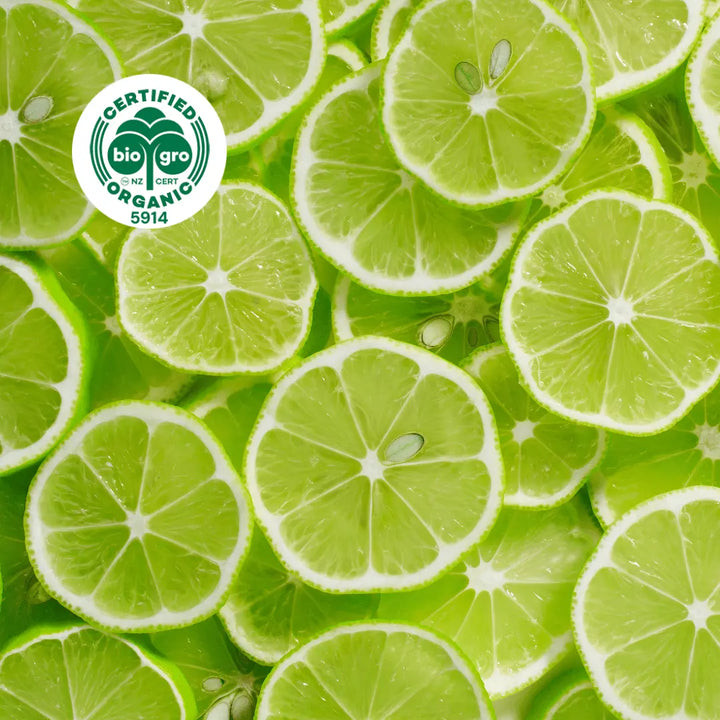flatlay of crisp bright lime slices, in bright sunlight to make Go Native NZ Essential Oil with Bio Gro Icon 5194 to verify Certified Organic