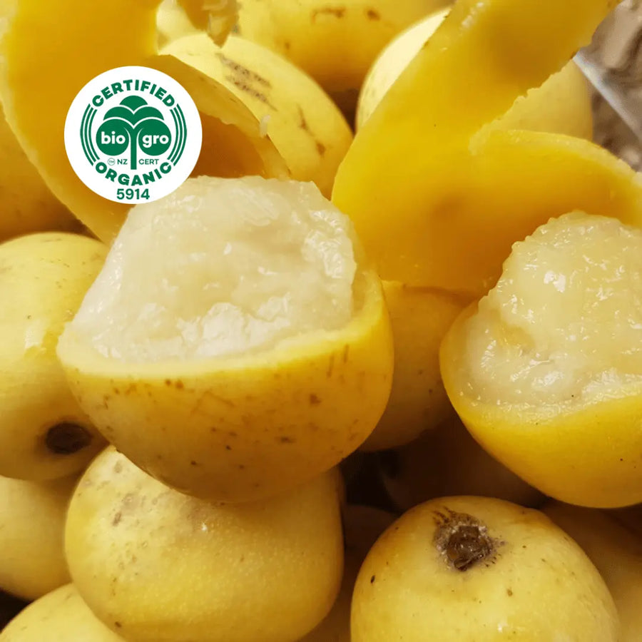 yellow marula fruit clustered together with some peeled to show the raw fruit inside with bio gro Certified Organic icon to verify Go Native New Zealand's organic certification for marula carrier oil