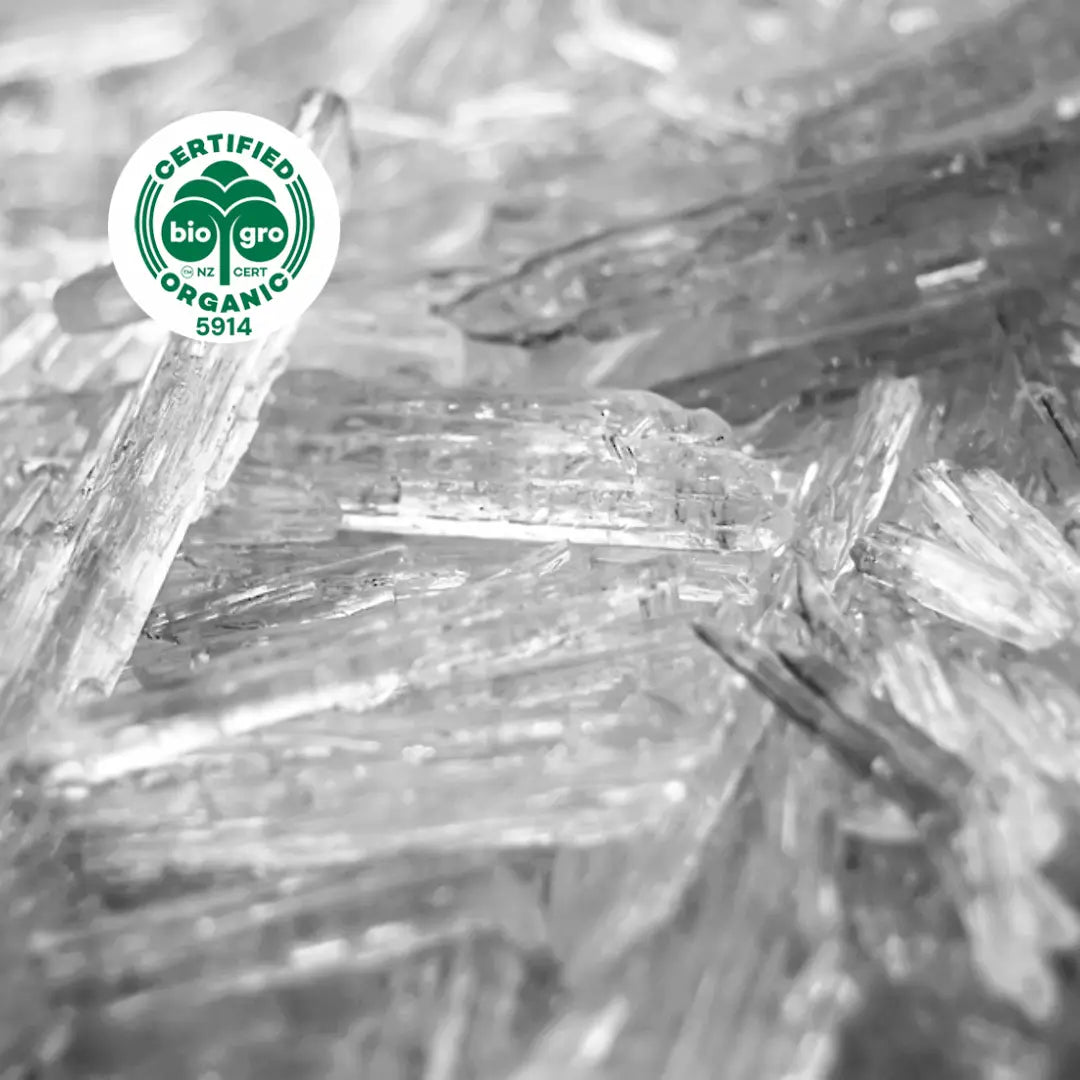Menthol crystals Go Native NZ Essential Oil with Bio Gro Icon verifying Certified Organic
