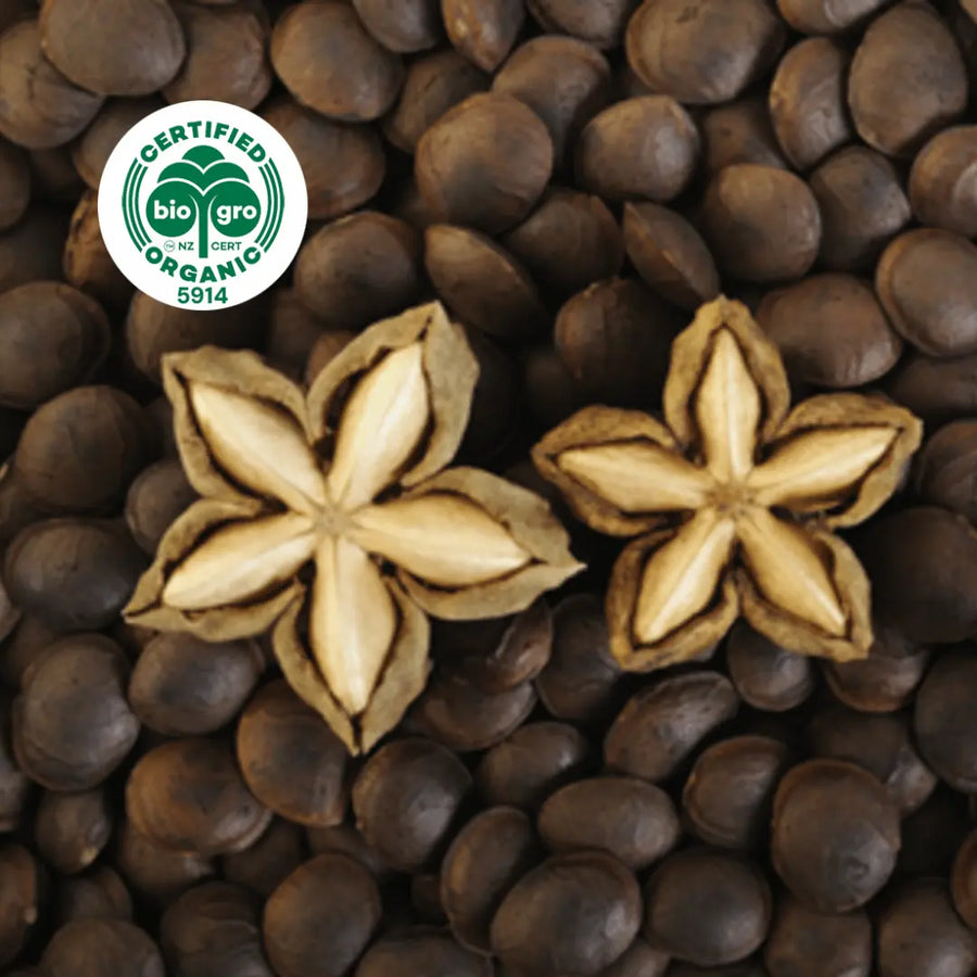 close up on the star-shaped seed pods of the sacha inchi plant with BioGro Certified Organic icon to verify Go Native New Zealand's organic certification for sacha inchi carrier oil